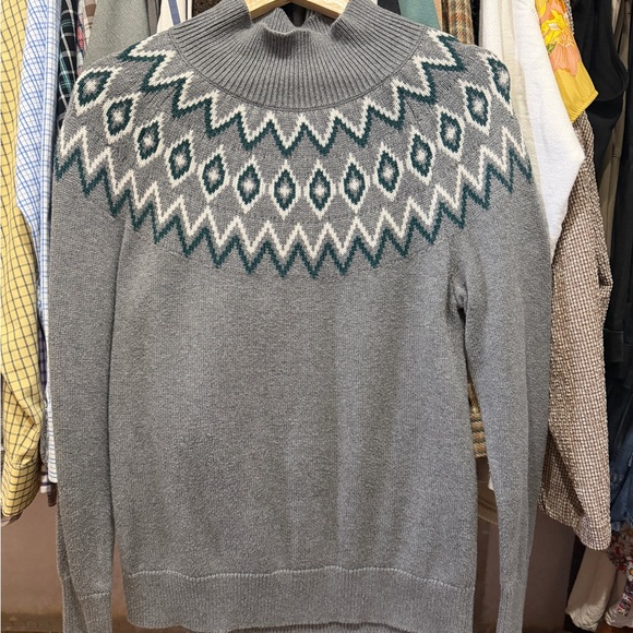 LOFT Sweaters - LOFT Grey Sweater with Green and White Fair Isle Yoke